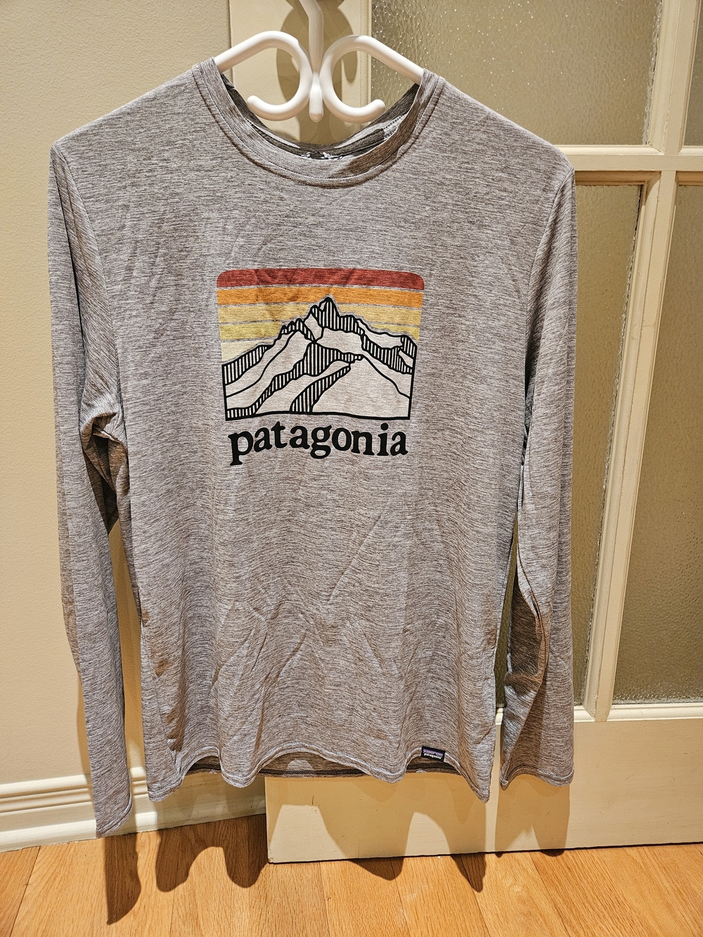 Patagonia Long-Sleeve Tee in Heather Gray with Sunset Stripe Graphic